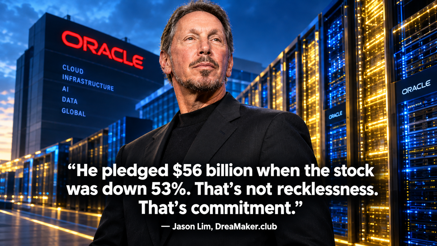 Billionaire Larry Ellison — Oracle chairman who pledged $56.6 billion in shares as loan collateral when his stock was down 53%, and the commitment lesson every startup founder needs right now