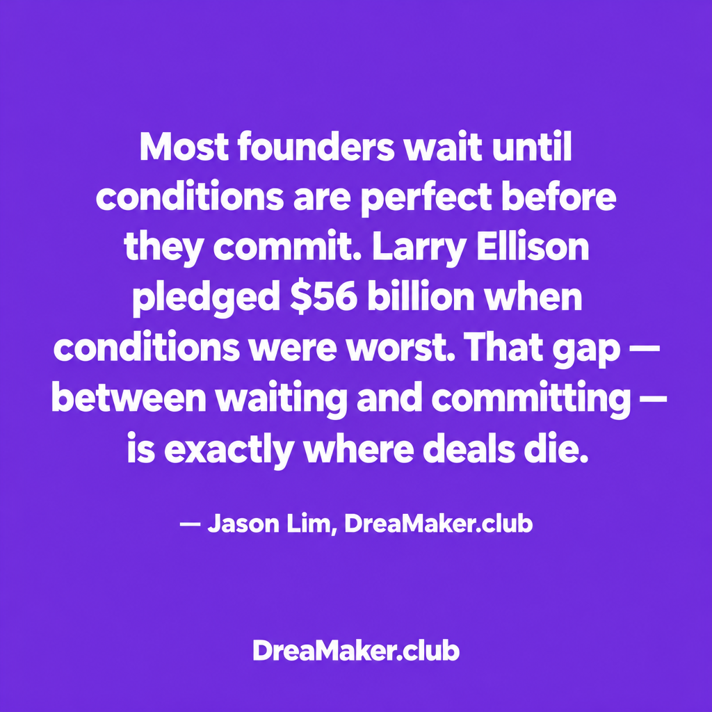 Jason Lim quote card — most founders wait until conditions are perfect before they commit, the commitment lesson from Larry Ellison