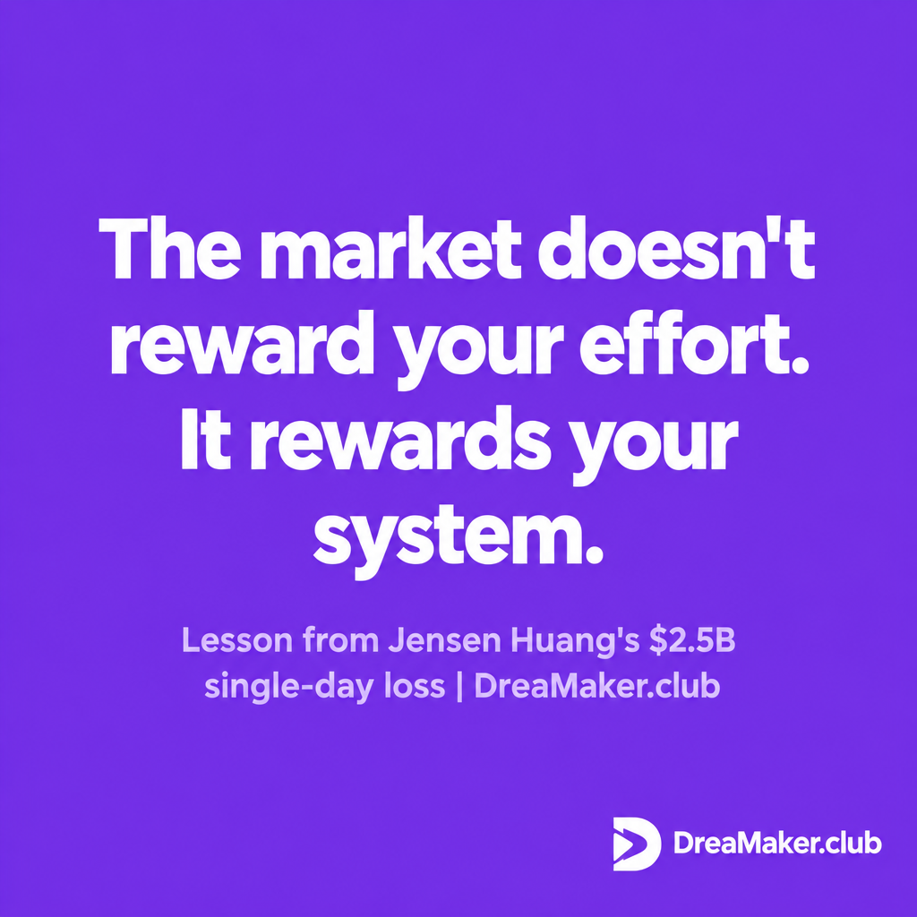 Quote card: The market doesn't reward your effort. It rewards your system. — Lesson from Jensen Huang's $2.5B loss, DreaMaker.club