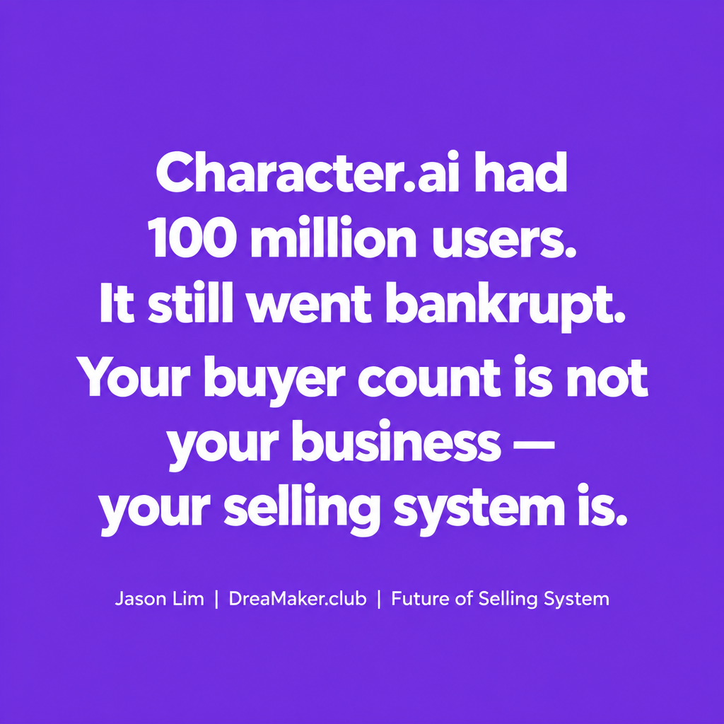 Quote card: Character.ai had 100 million users. It still went bankrupt. Your buyer count is not your business — your selling system is. — Jason Lim, DreaMaker.club