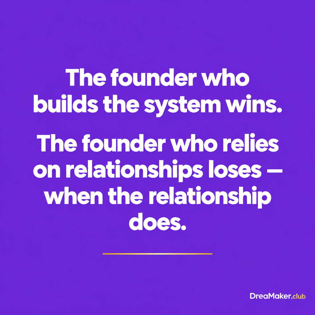 Quote card: The founder who builds the system wins. The founder who relies on relationships loses — when the relationship does.