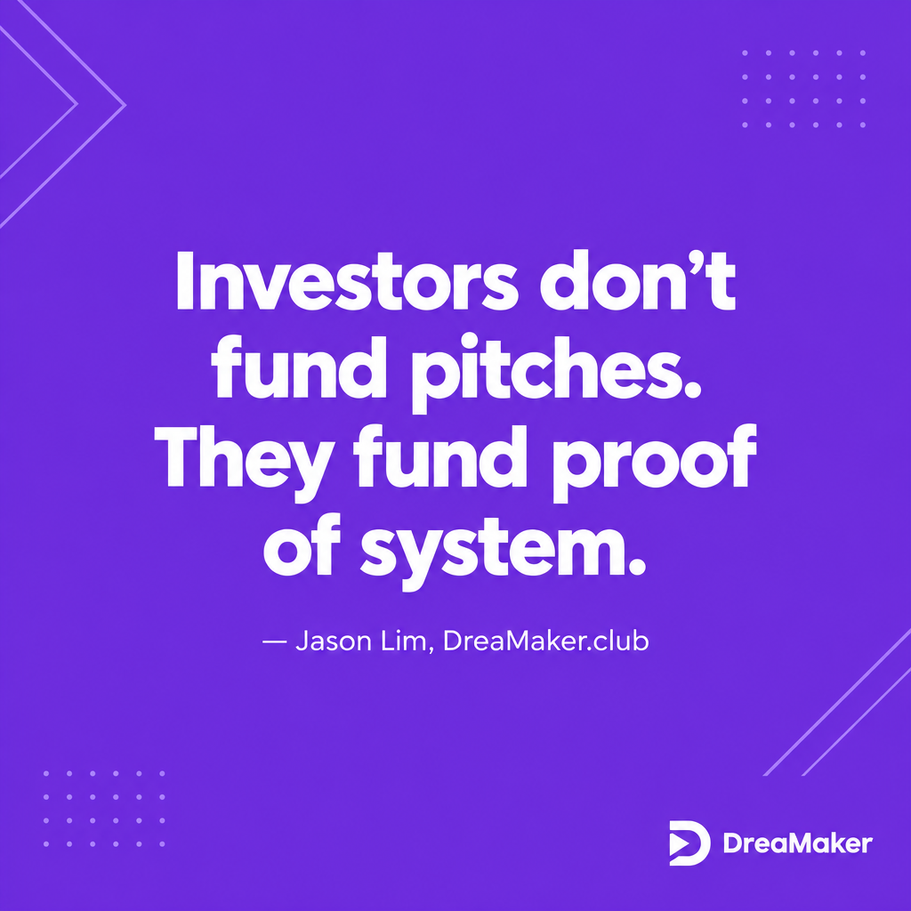 Investors don't fund pitches. They fund proof of system. — Jason Lim, DreaMaker.club