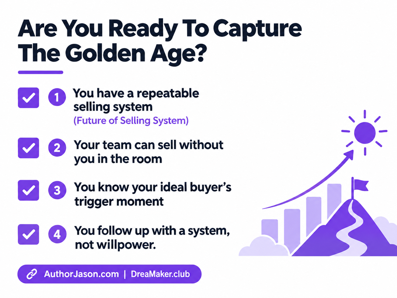 Conditions checklist: Are you ready to capture the golden age? Future of Selling System, team can sell without you, ideal buyer trigger moment, follow-up system