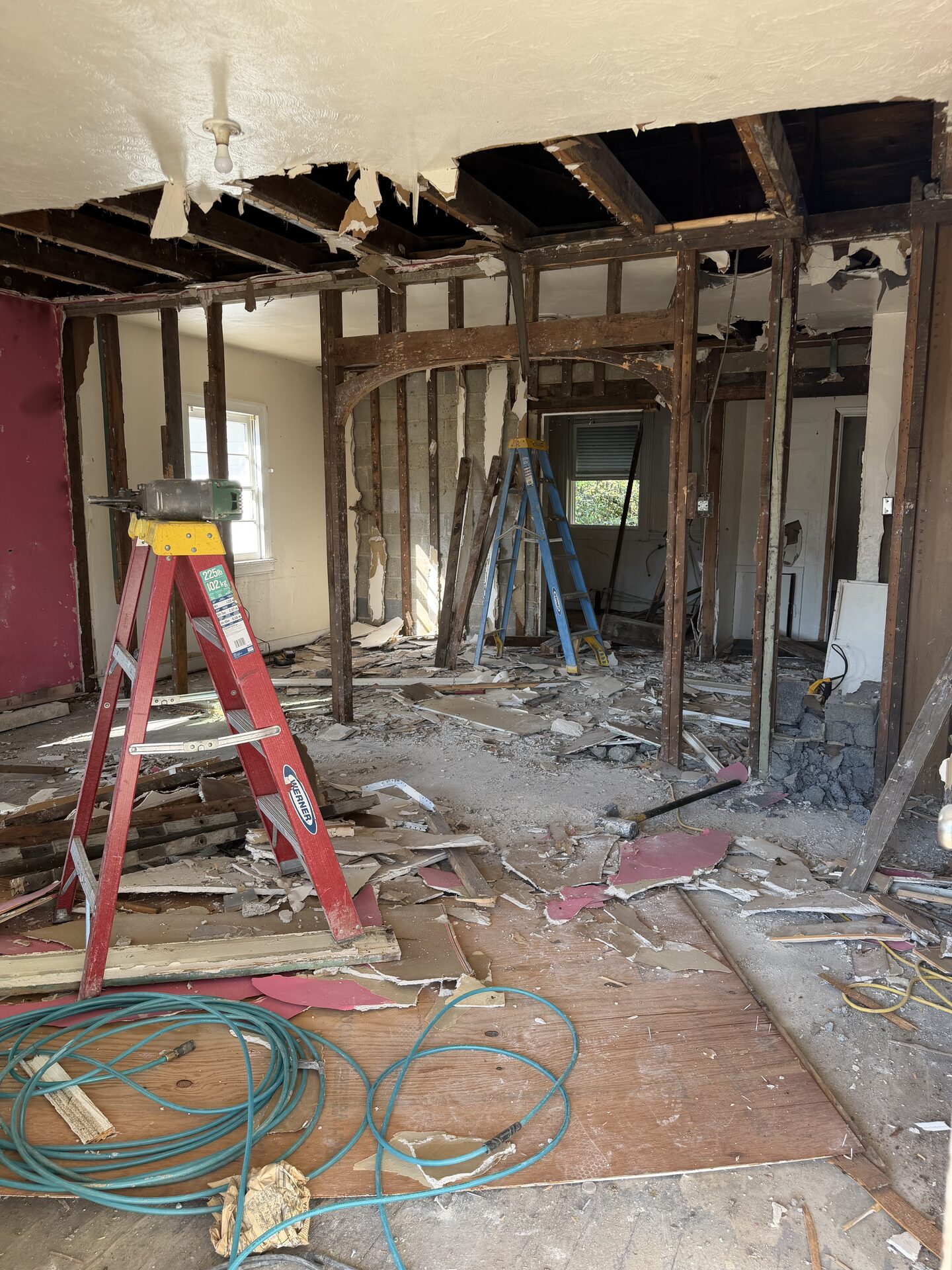 Interior walls opened down to the framing