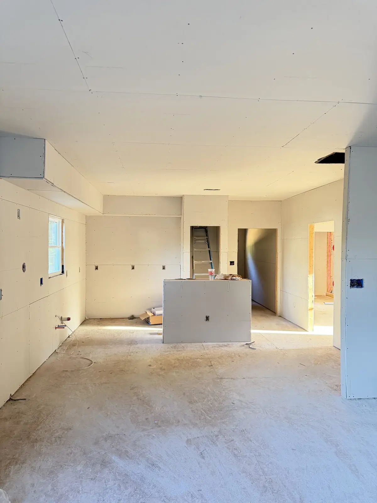 New construction, Richmond, VA: kitchen island framed and drywalled