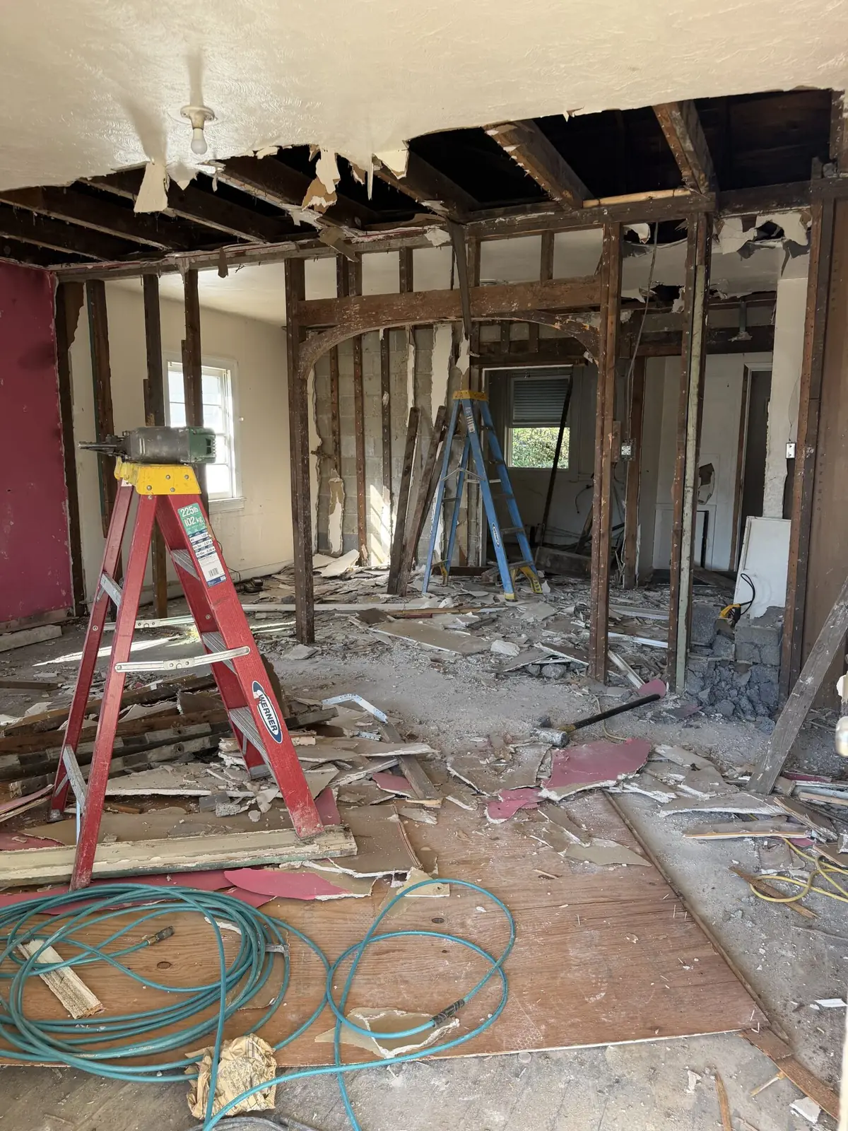 Renovation, Petersburg, VA: interior walls opened to the framing