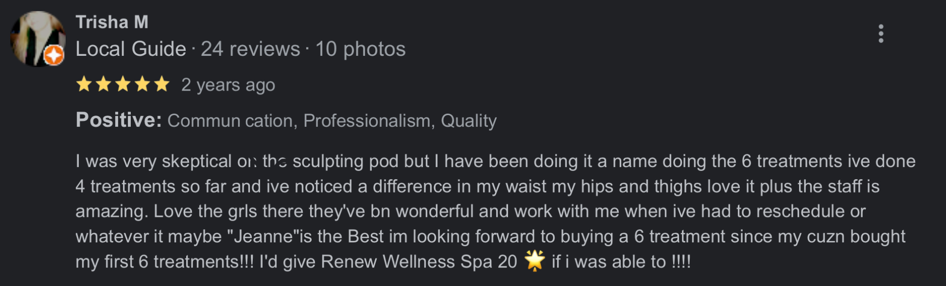 Yelp praise for Sculpt Pod and friendly team