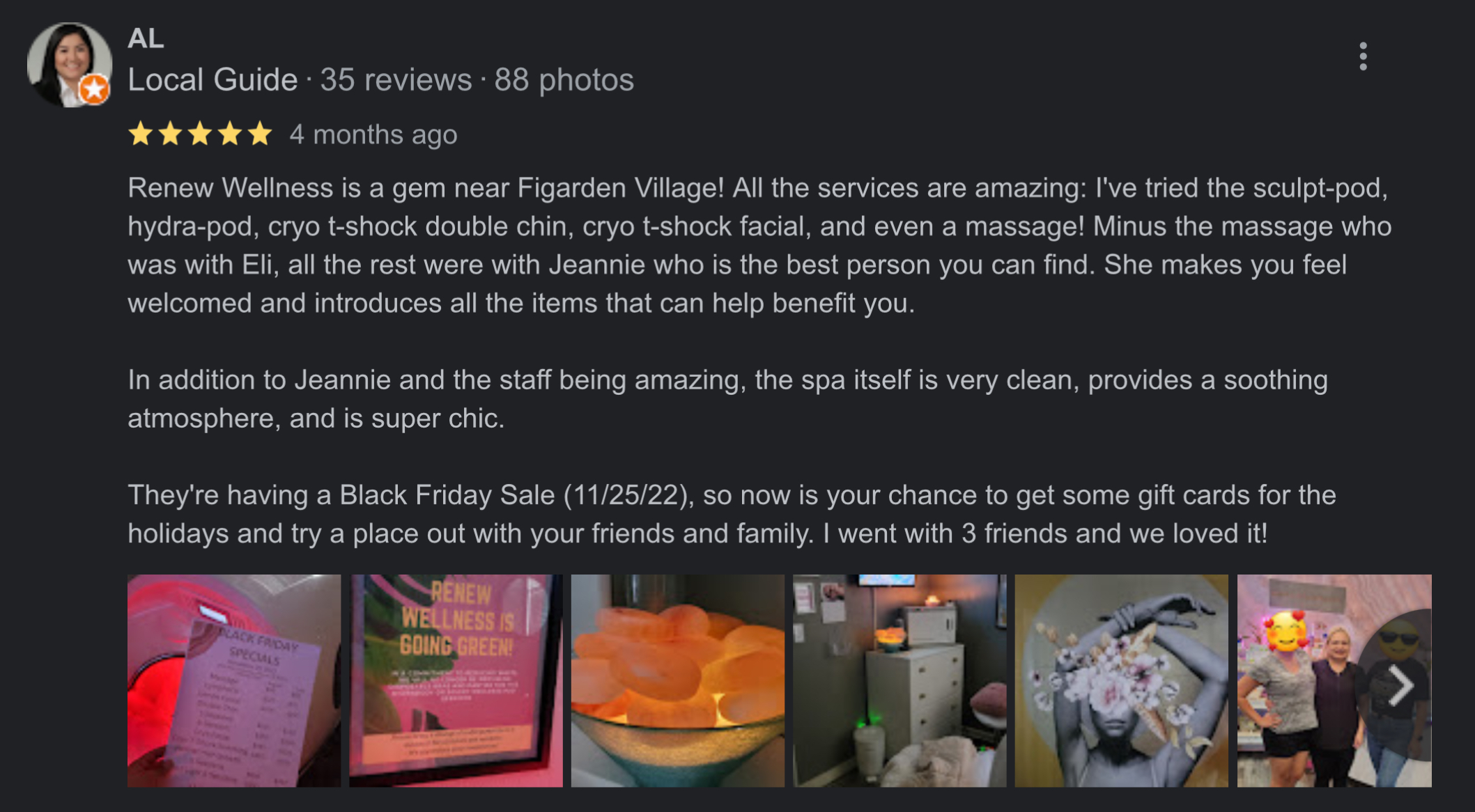 Google review wall with photos and 5-star rating — Renew Wellness Spa