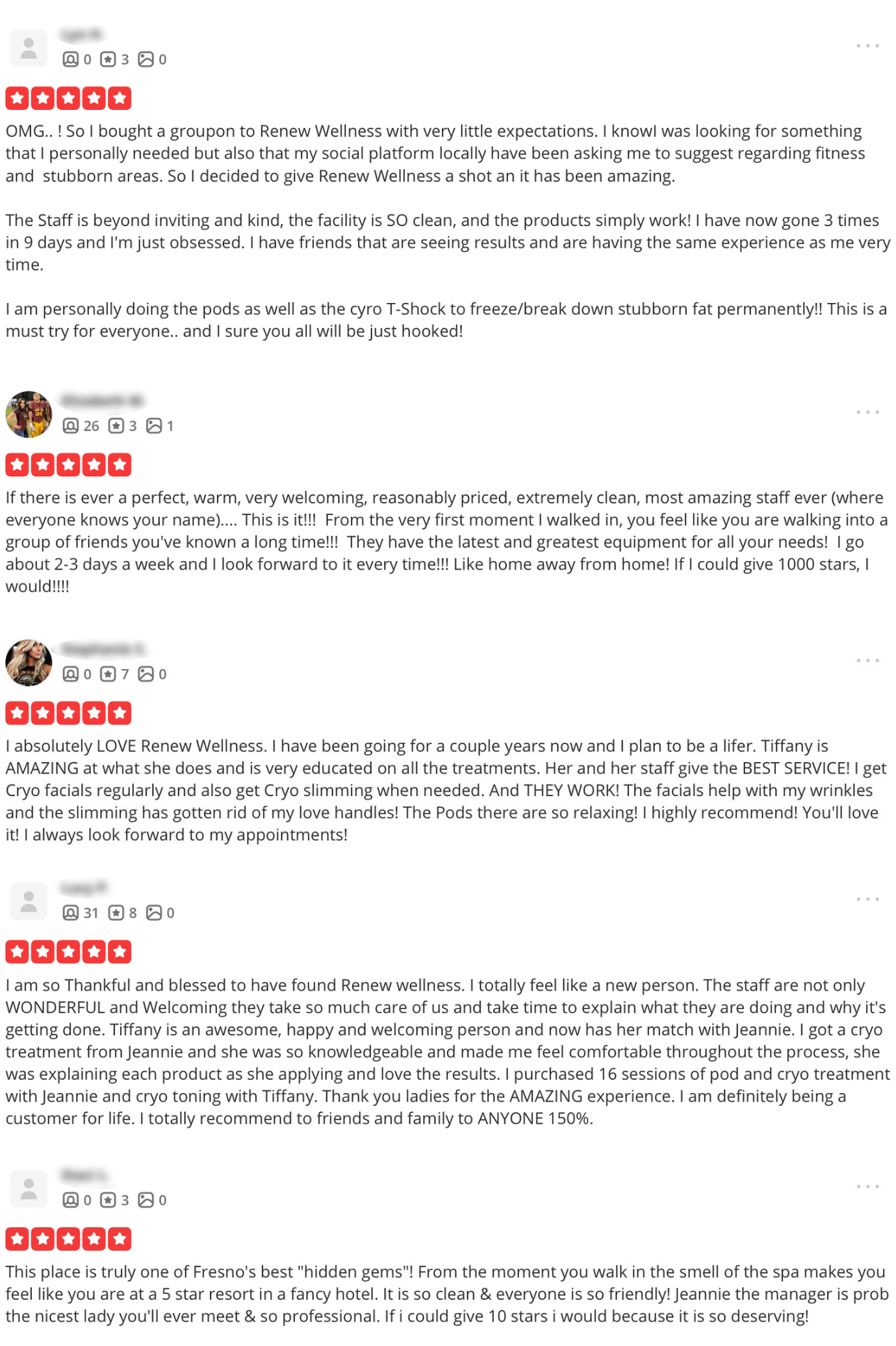 Yelp review collage — consistent 5-star ratings for Renew Wellness Spa