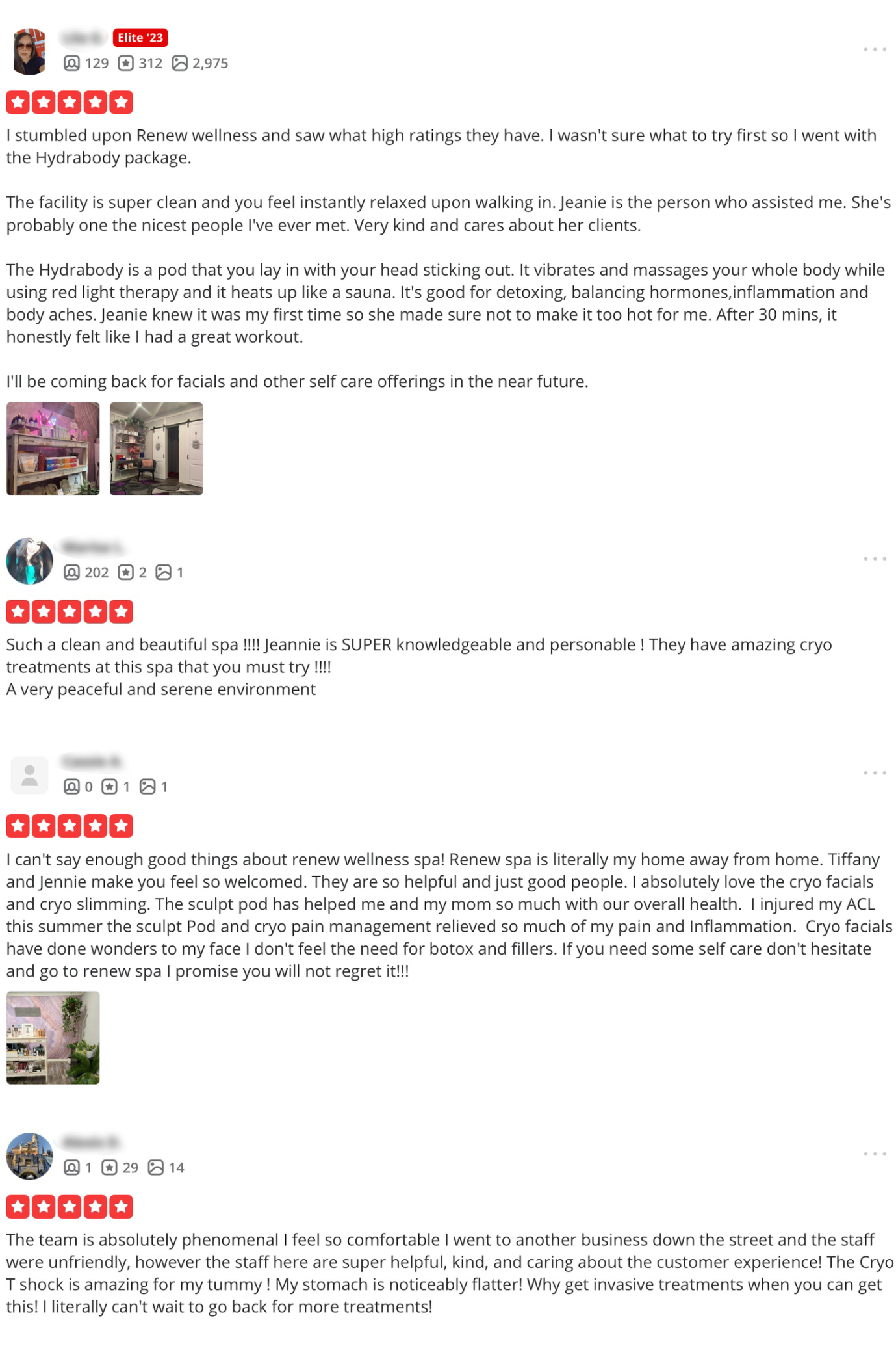 5-star Yelp reviews praising results and team — Renew Wellness Spa