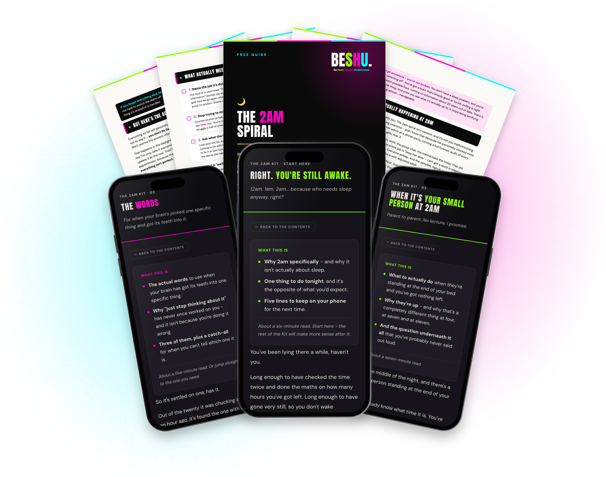 The 2am Kit open on a phone beside The 2am Spiral free guide, glowing on a black background