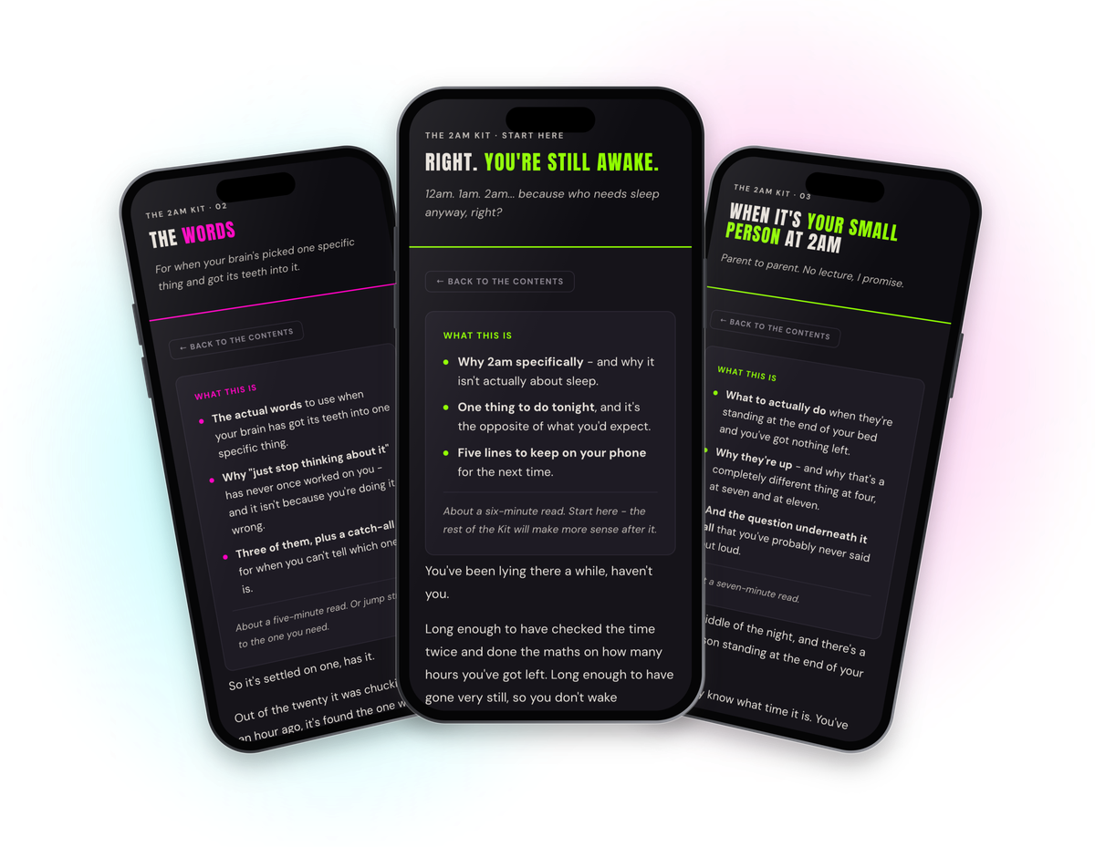 Three phones showing pages from The 2am Kit on a dark background with a cyan and pink glow