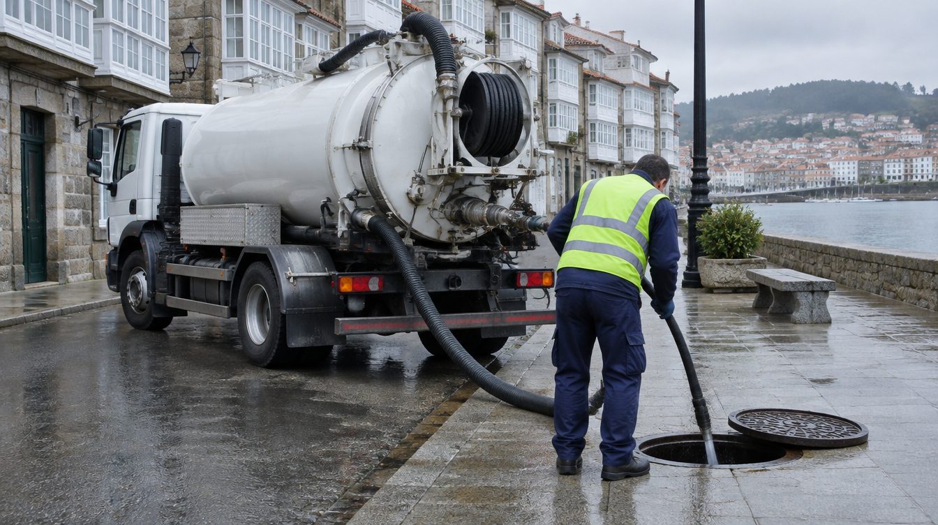 Camión de desatascos trabajando en una calle de Ferrol