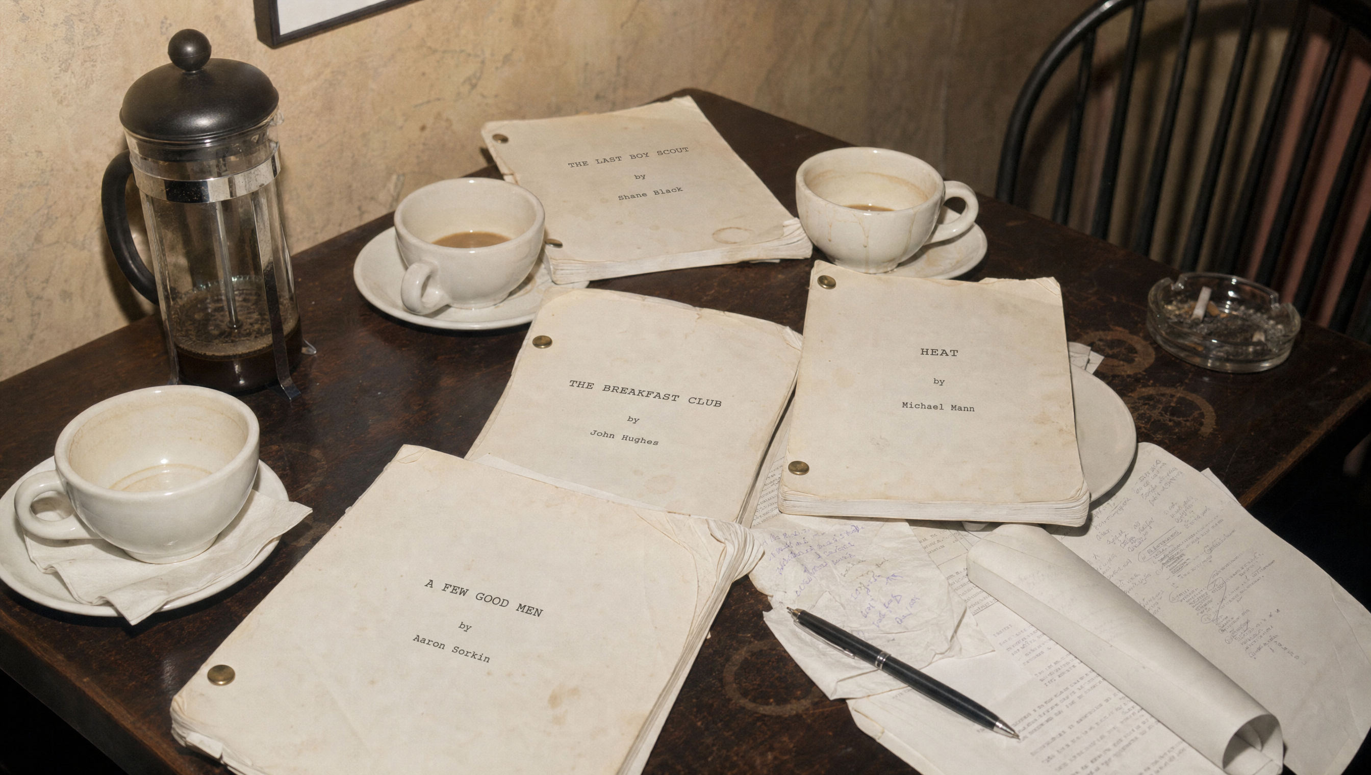 A café table with a French press, three white coffee cups, four brad-bound screenplays, and an ashtray — The Last Boy Scout, The Breakfast Club, Heat, and A Few Good Men.