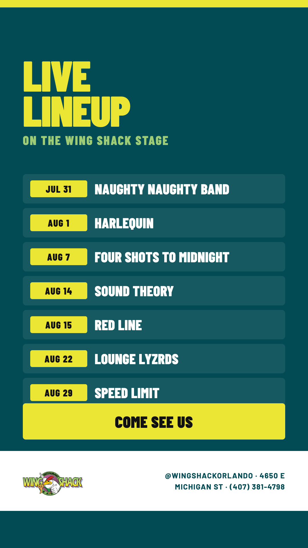 Bands playing this month at Wing Shack