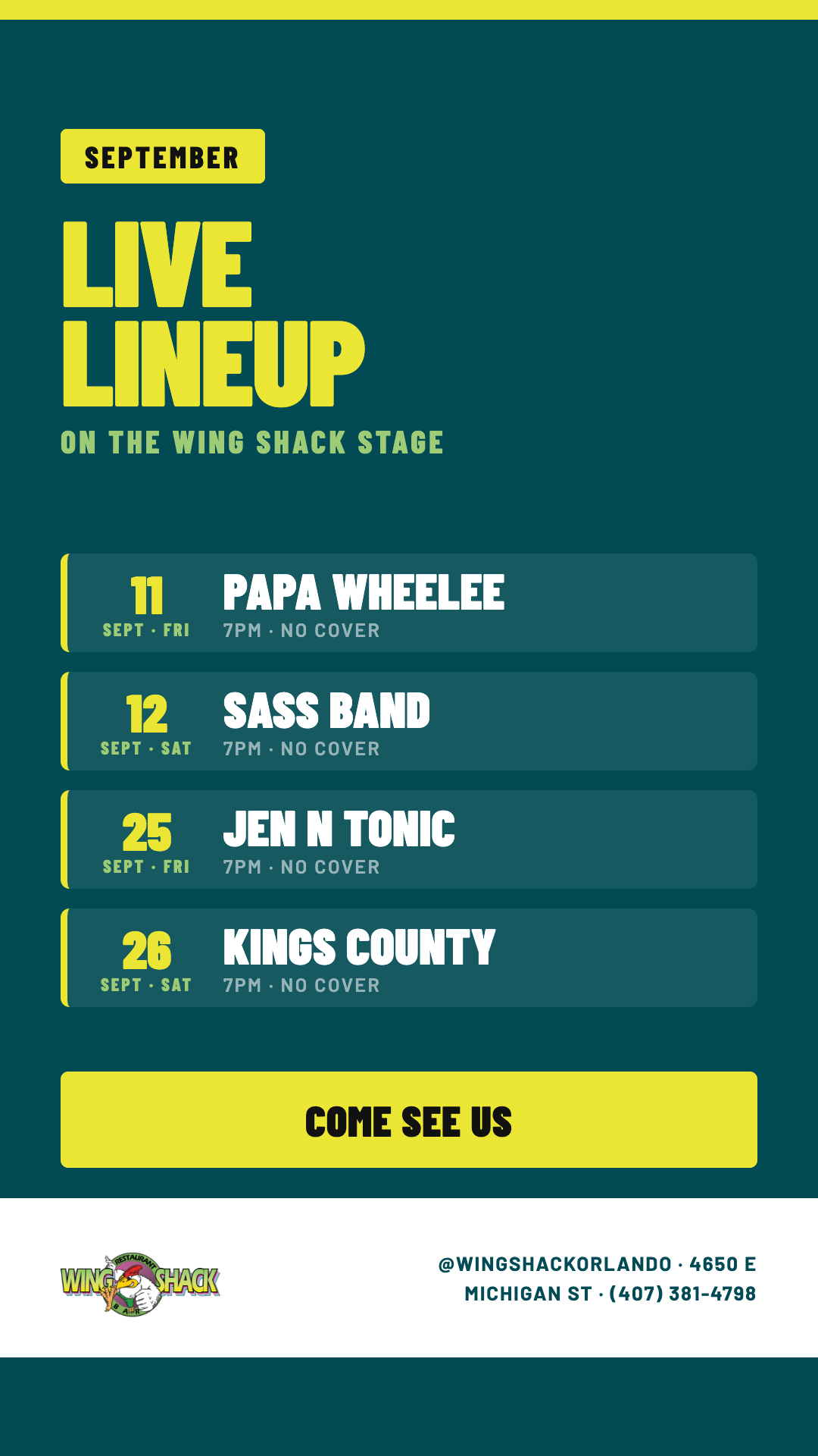 Live band lineup this month on the Wing Shack stage