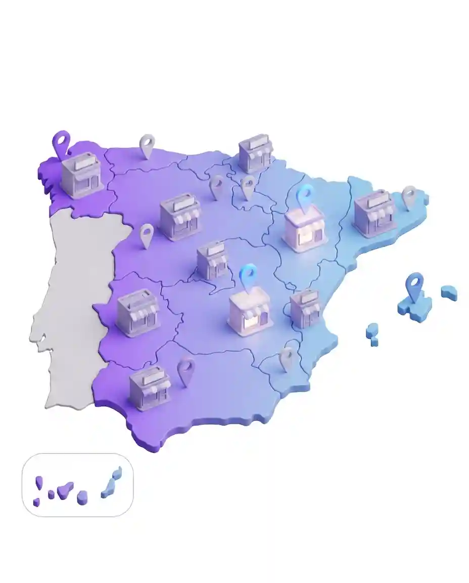 Mapa de España con clínicas y las zonas con más oportunidad resaltadas