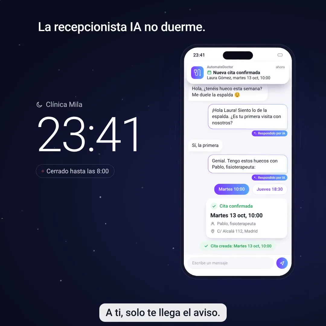 Demo de AutomateDoctor: a las 23:41, con la clínica cerrada, la recepcionista con IA responde por WhatsApp y confirma la cita