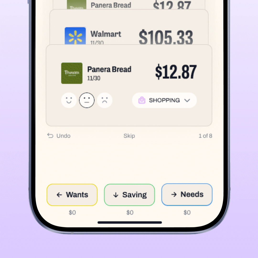 The weekly swipe review in the DollarWise app