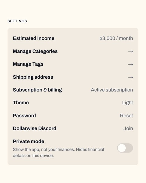 Dollarwise Settings screen with Subscription and billing listed