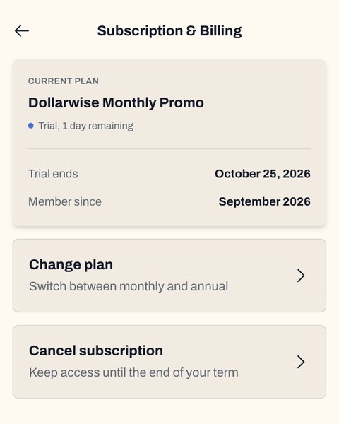 Subscription and Billing screen showing the Change plan option
