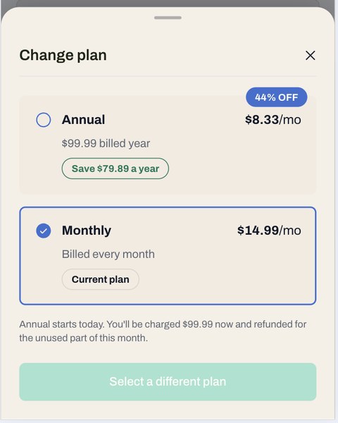 Change plan sheet with the Annual and Monthly plans