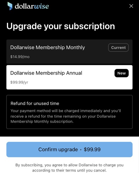 Upgrade your subscription screen with the Dollarwise Membership Annual plan