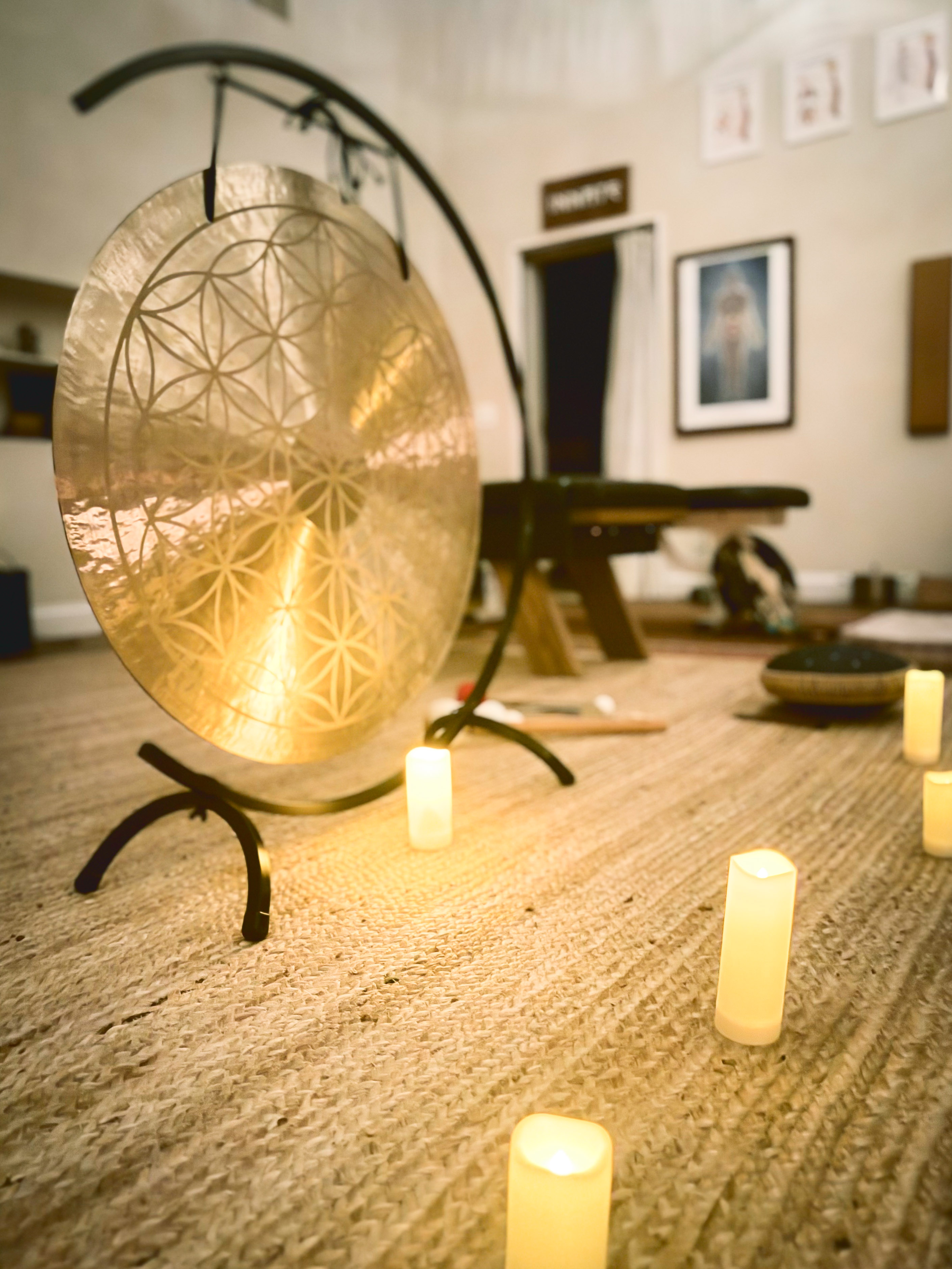 Gong and singing bowls set up for a sound healing session