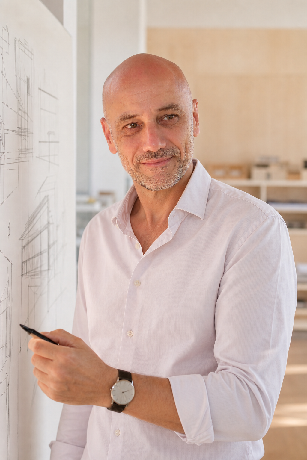 Christoph Blumenthal am Zeichentisch mit Architekturplänen