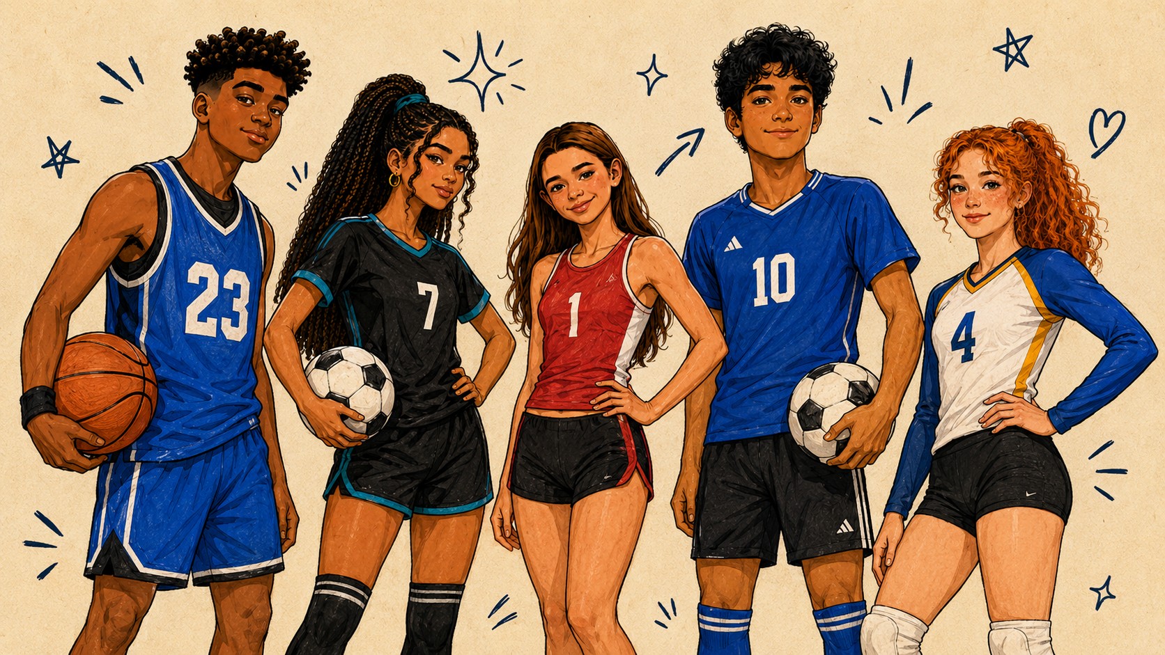 Five teen athletes in basketball, soccer, and volleyball uniforms standing together