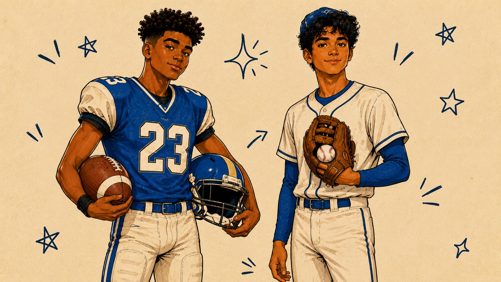 Two teen athletes in football and baseball uniforms standing together