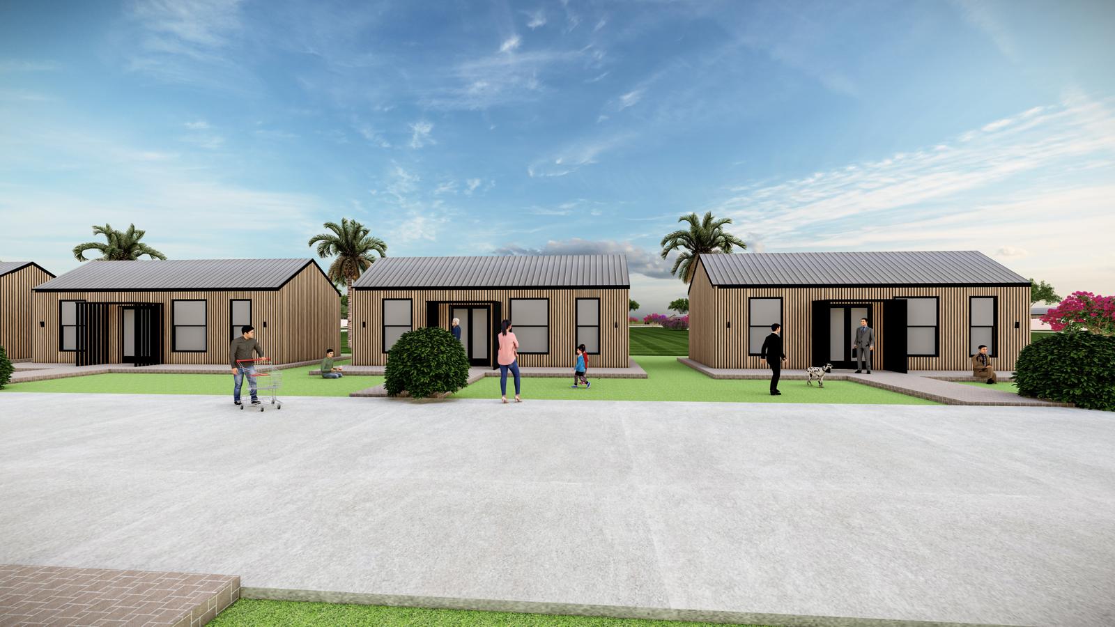 Rows of tiny homes on a bright day with residents walking