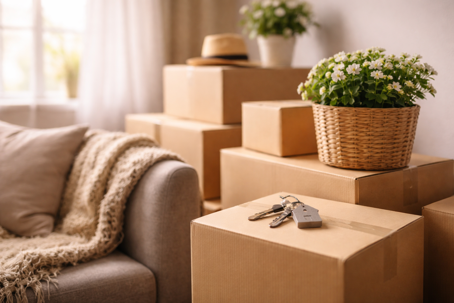 Downsizing home in Bloomington IN with moving boxes and house keys in a living room