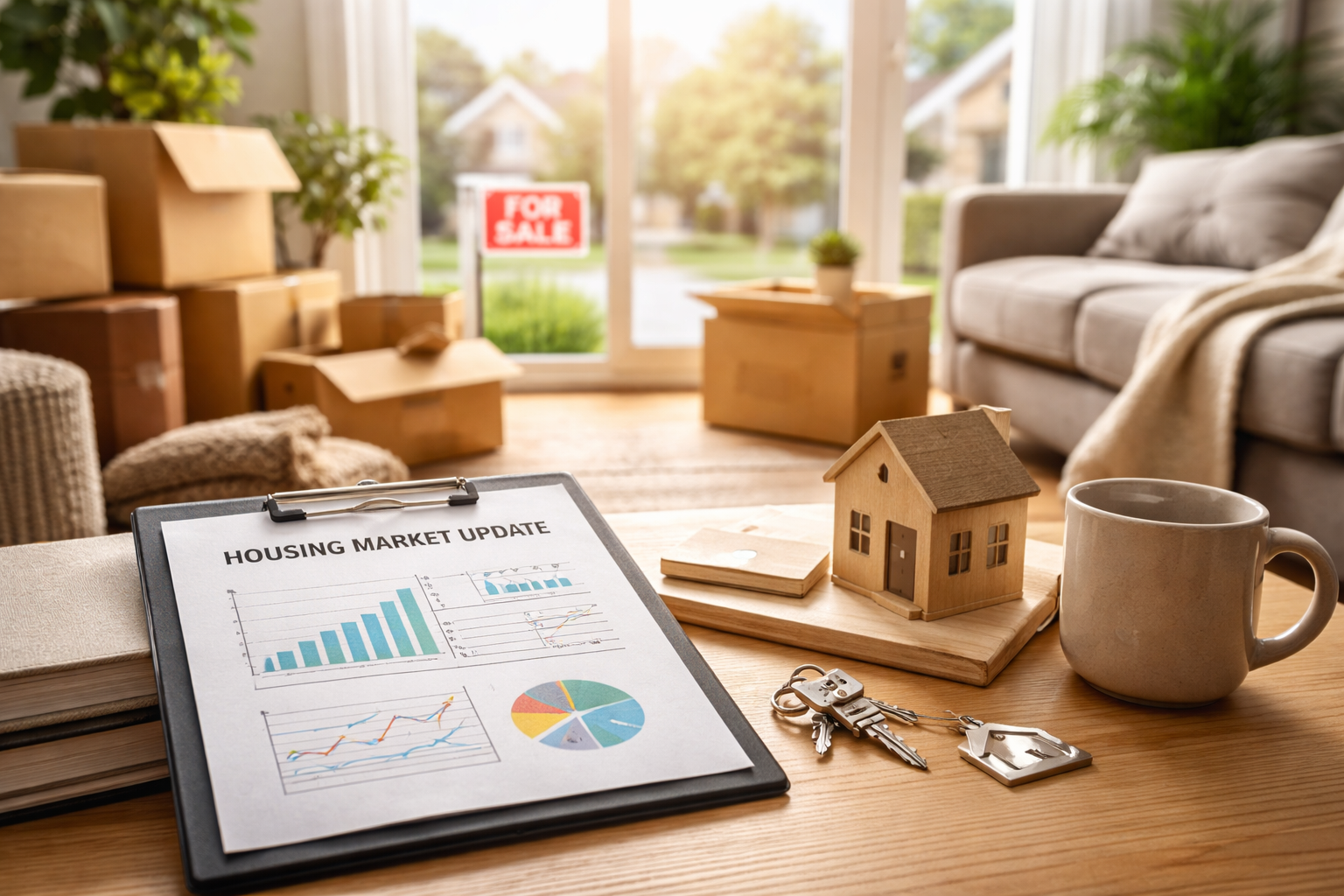 Bloomington IN housing market update with moving boxes, house keys, and home for sale sign