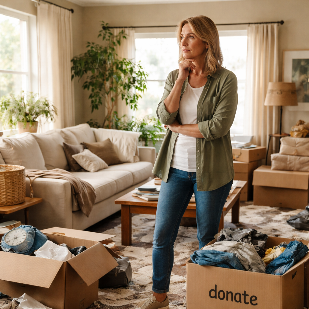 woman standing in living room looking at belongings while thinking about downsizing