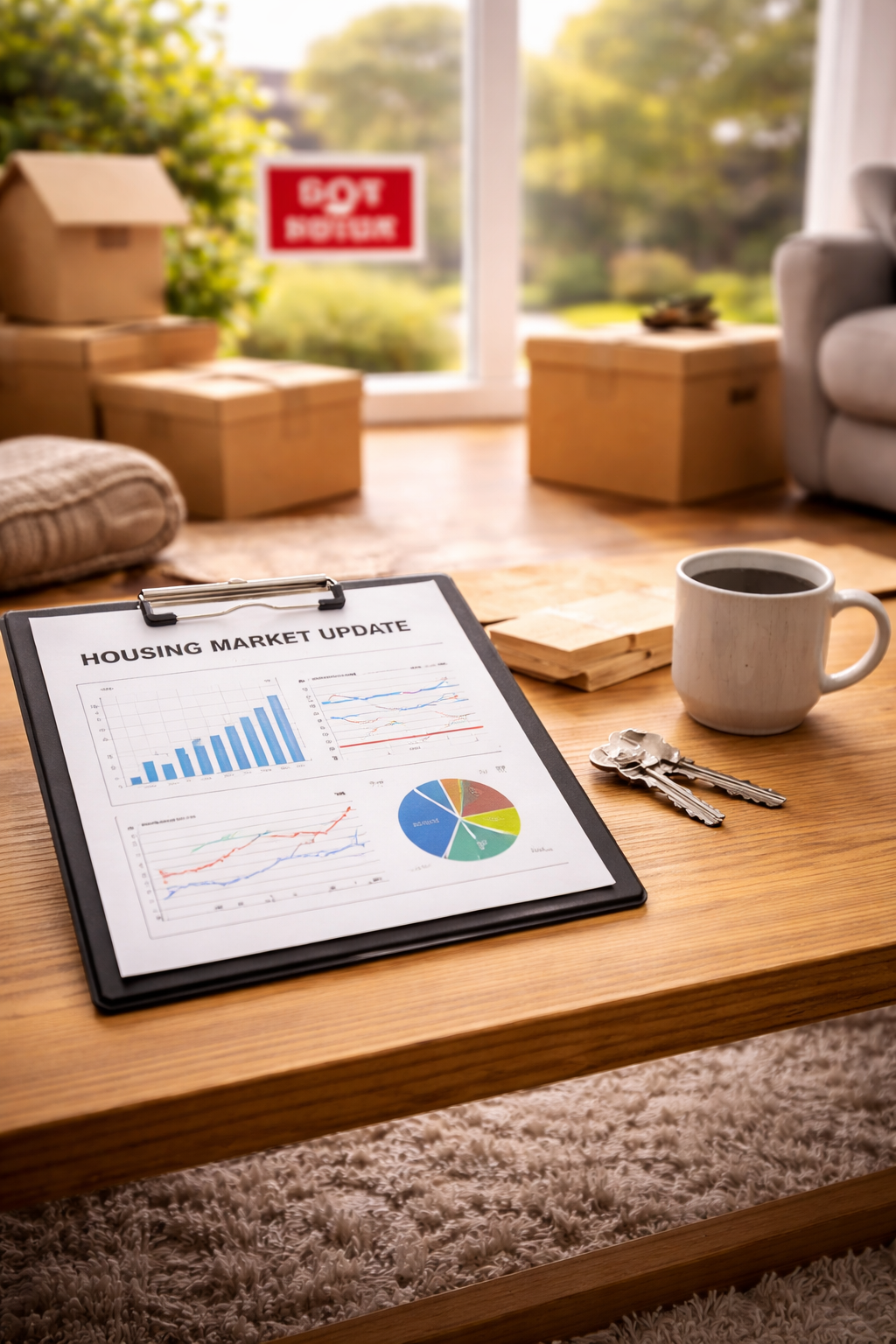 Bloomington IN housing market update with moving boxes, house keys, and home for sale sign