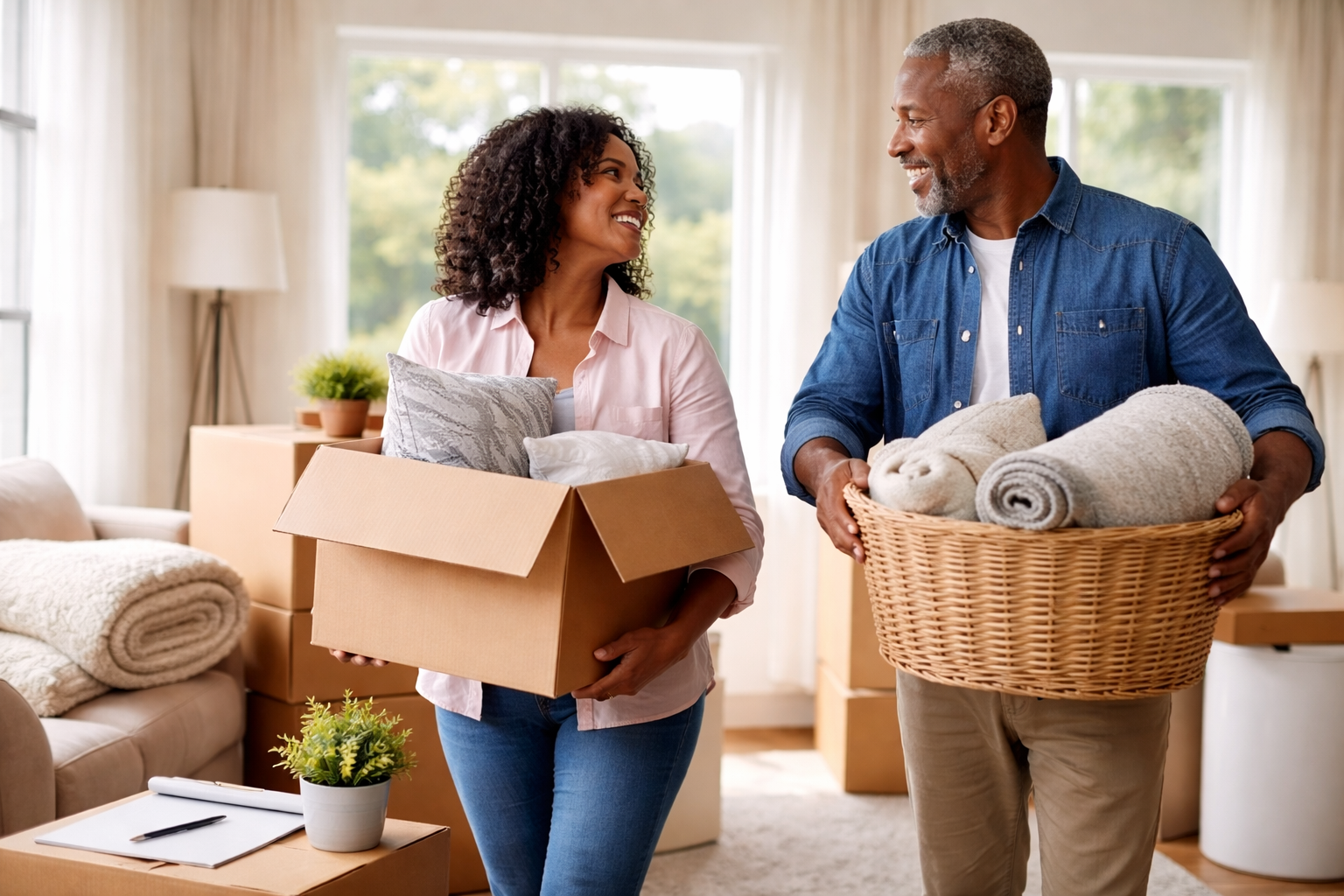 couple preparing to downsize by packing boxes in their living room