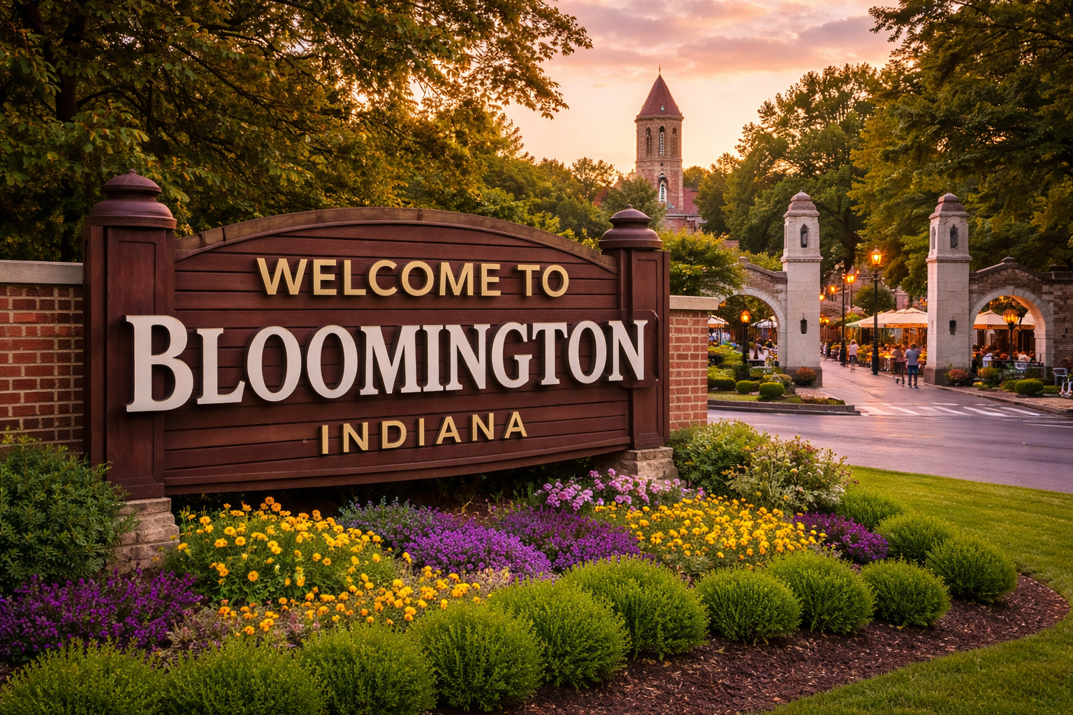 Welcome to Bloomington Indiana sign with local landmark in the background