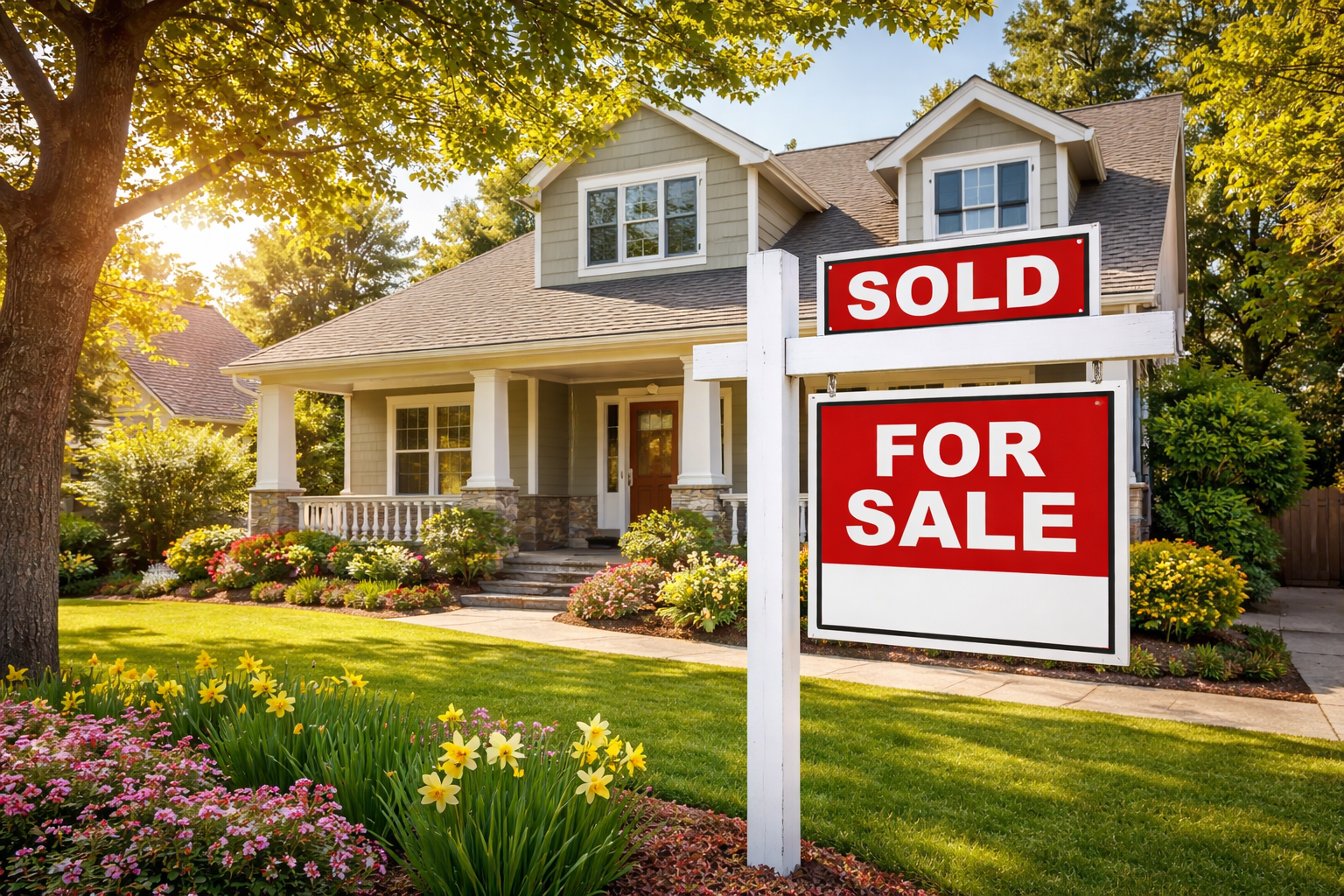 Bloomington Indiana home with sold sign in front yard
