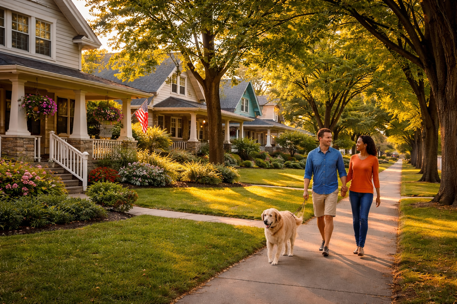 Couple walking through a welcoming Bloomington Indiana neighborhood while exploring homes before relocating