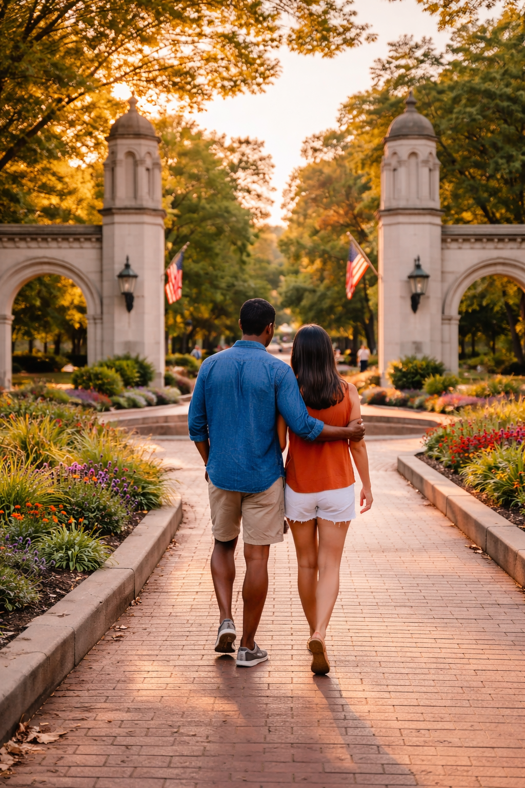 Couple walking through a welcoming Bloomington Indiana neighborhood while exploring homes before relocating