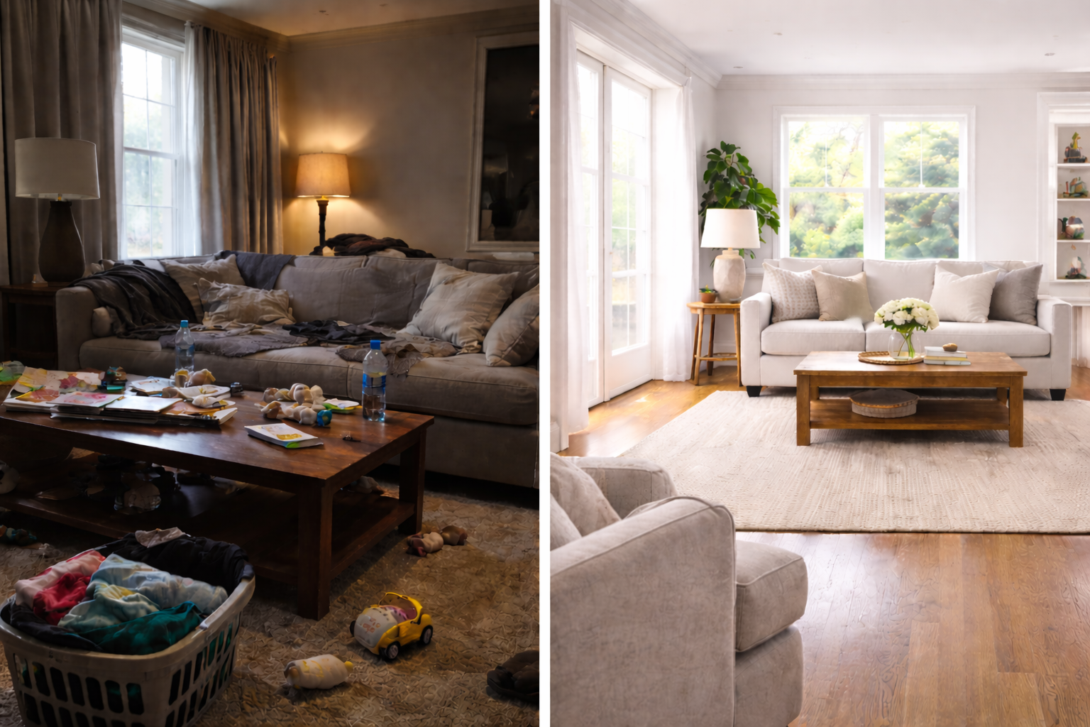 Split image of a cluttered living room and a clean staged living room ready for home showings in Bloomington Indiana