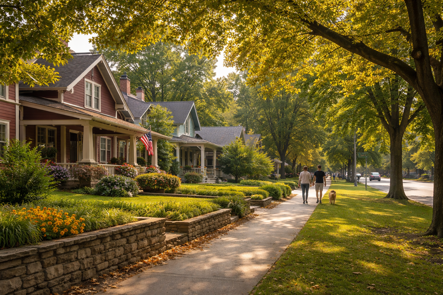 Bryan Park neighborhood in Bloomington, Indiana with tree-lined streets, charming older homes, and sidewalks near green space.