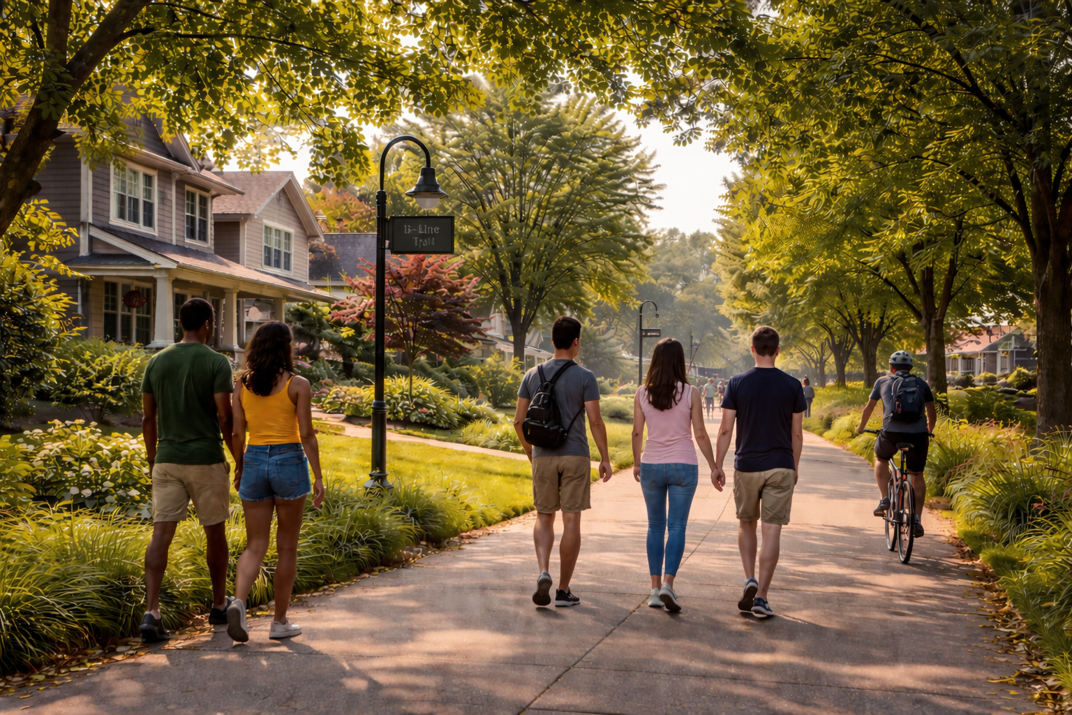 People walking and biking near Bloomington, Indiana neighborhoods and green space