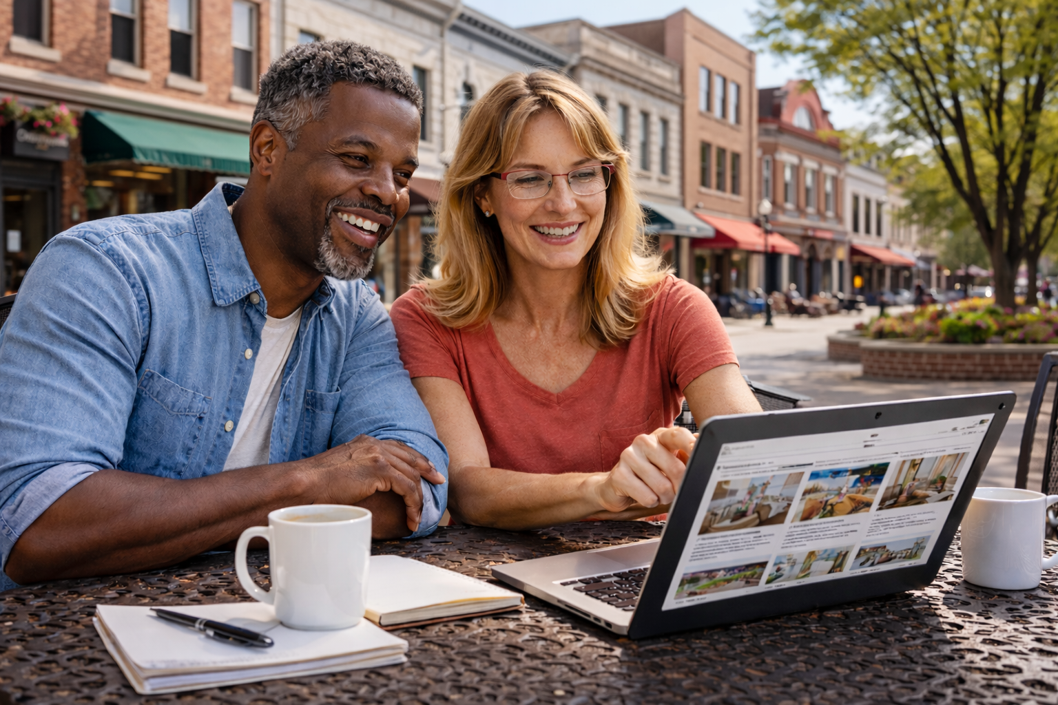 Diverse middle-aged couple reviewing Bloomington Indiana home listings at an outdoor café with limestone and brick storefronts in the background