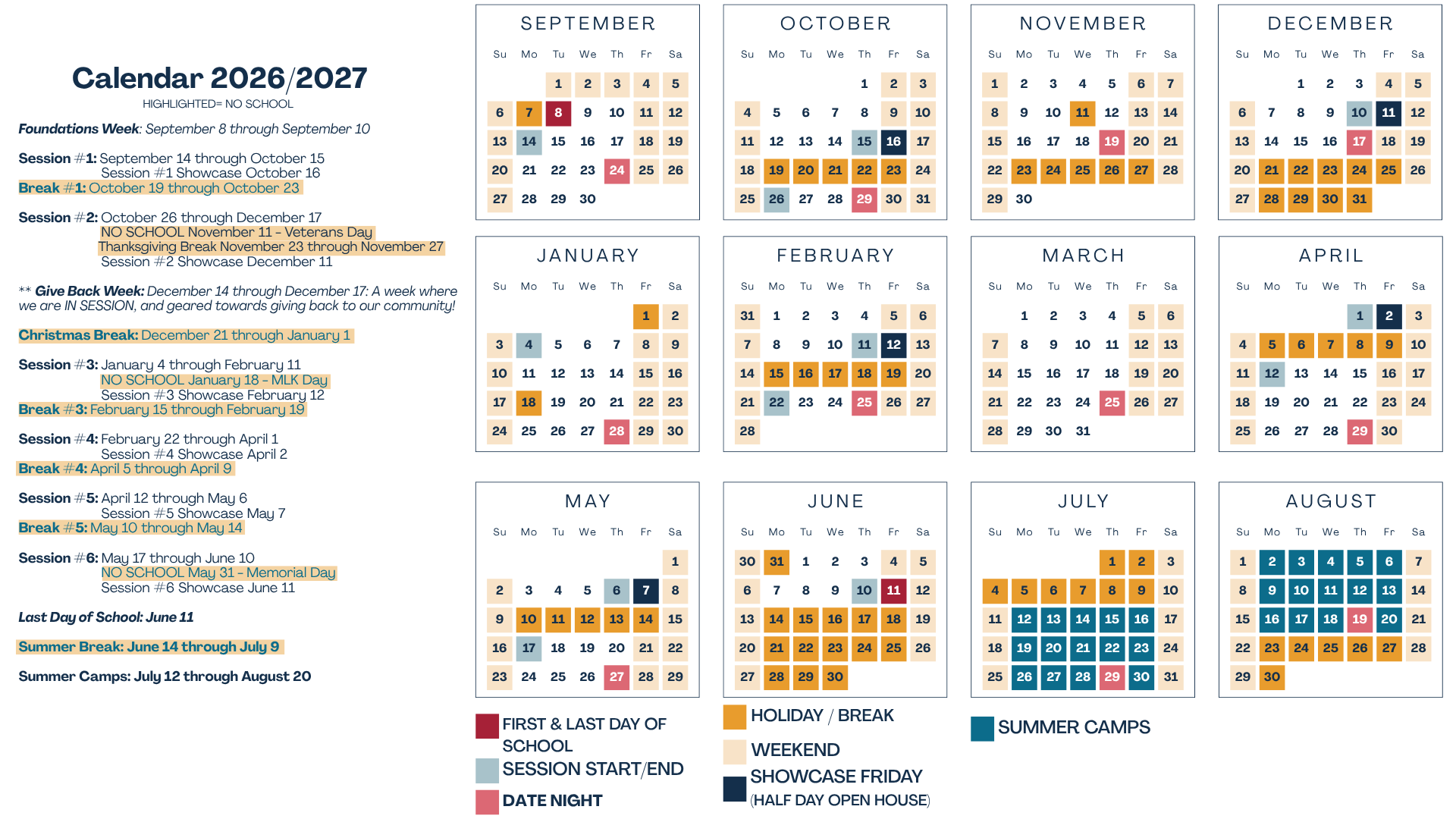 Topsail Apogee Academy 2026–2027 academic calendar showing sessions, breaks, holidays, showcase Fridays, and summer camps