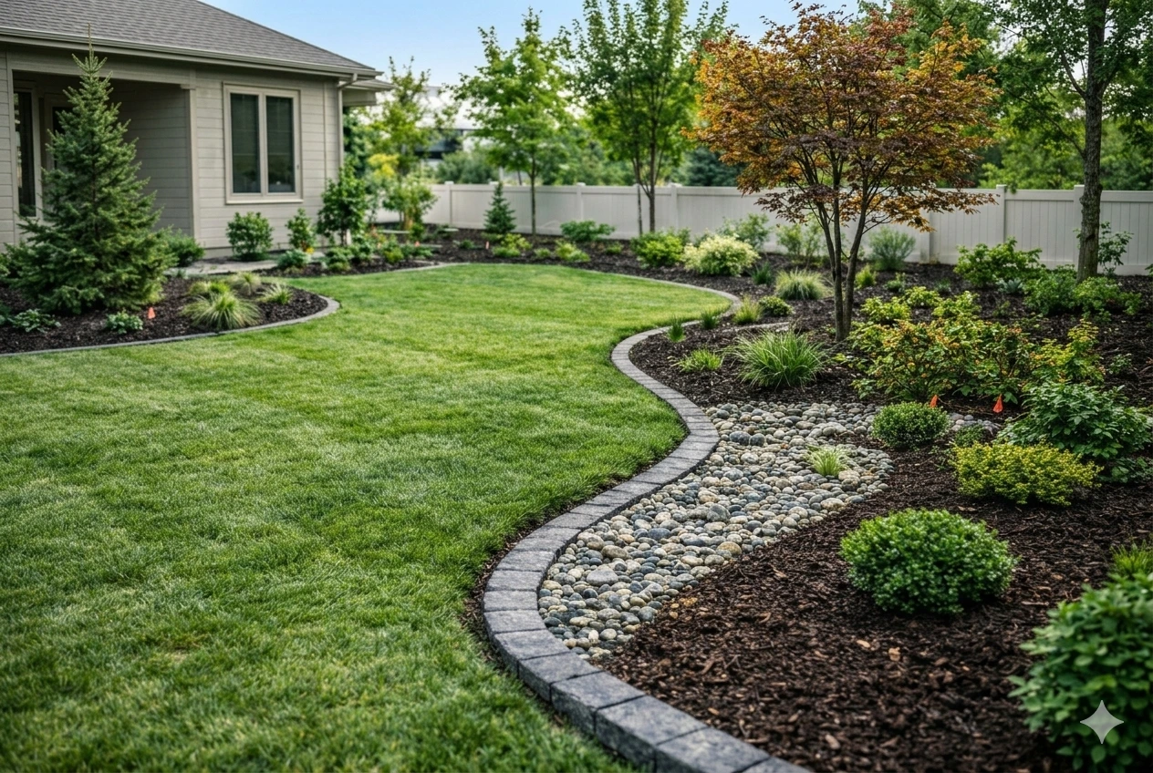 Landscaping installation Boise Idaho - sod, beds, and decorative rock