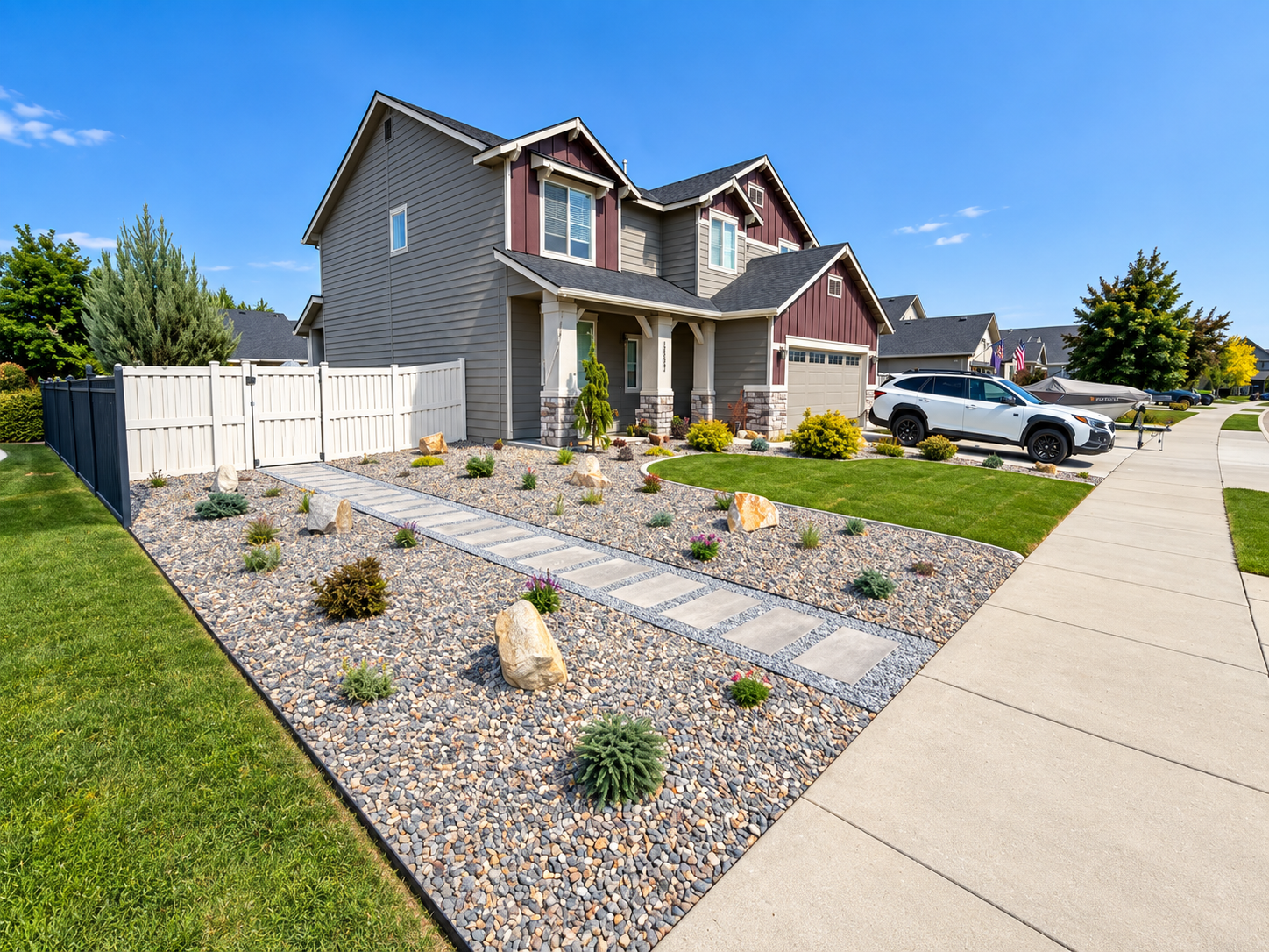Dead Front Lawn Replaced With Low-Water Rock after completion