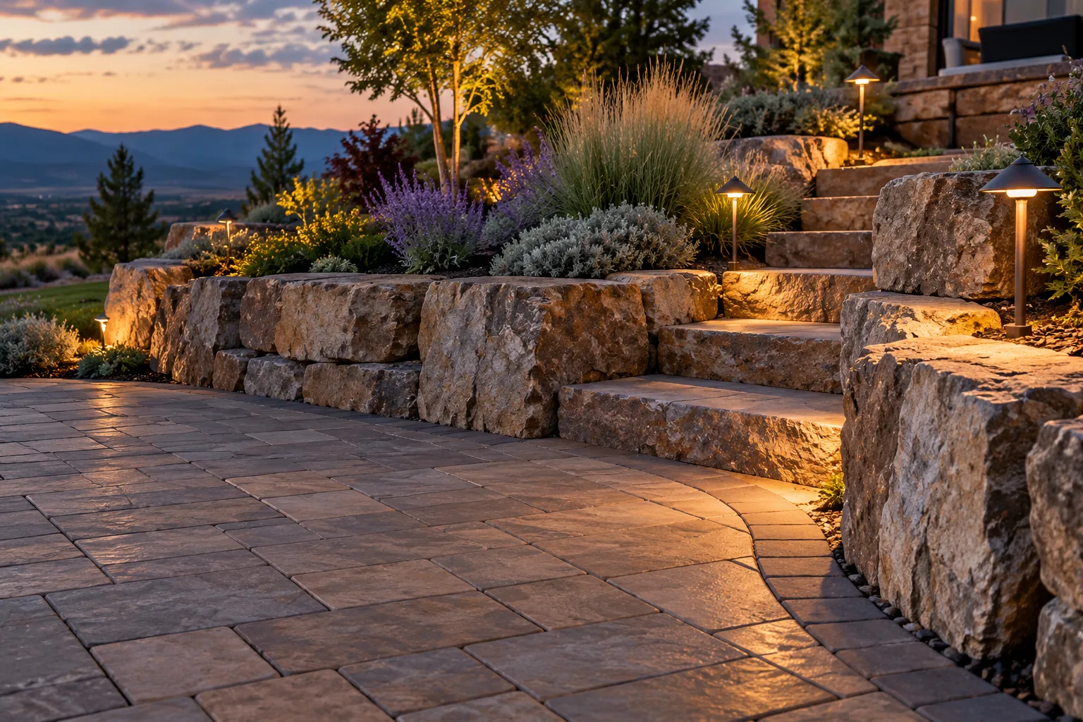 Natural stone retaining wall and stone steps with path lights beside a paver patio at dusk in the Boise foothills