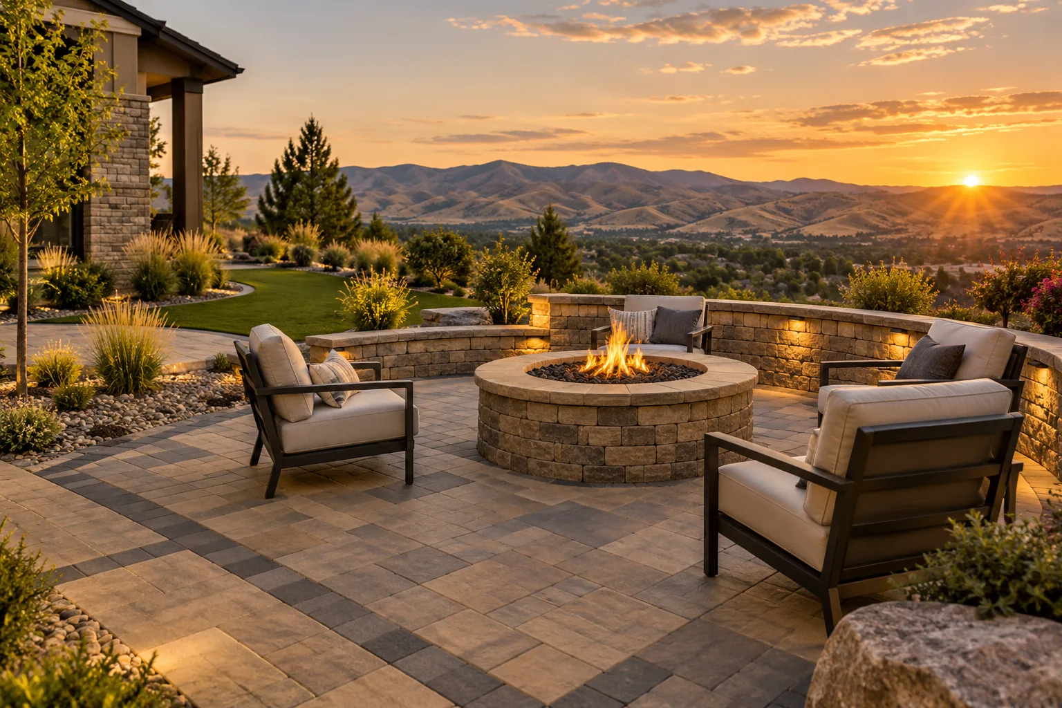 Paver patio with a round fire pit and built-in seating behind a Boise home with the foothills in the distance